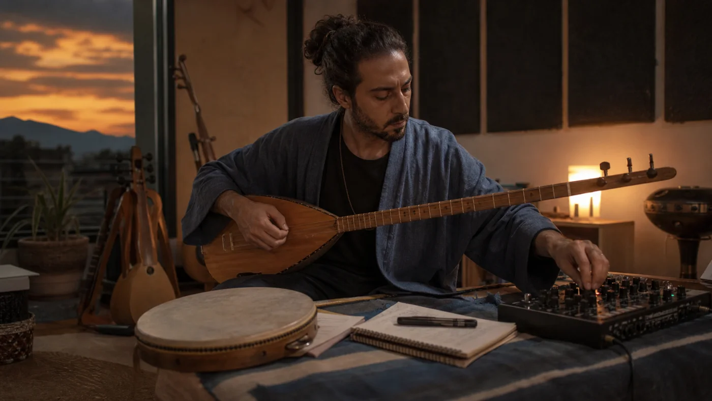 A composer creating a Silk Road-inspired instrumental cue