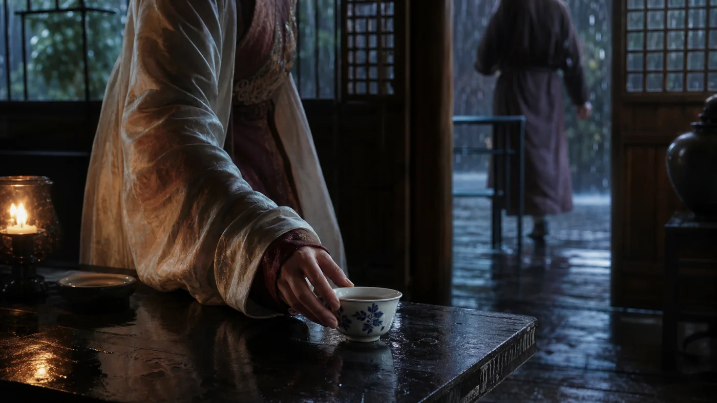 A porcelain cup in a rain-soaked historical teahouse scene