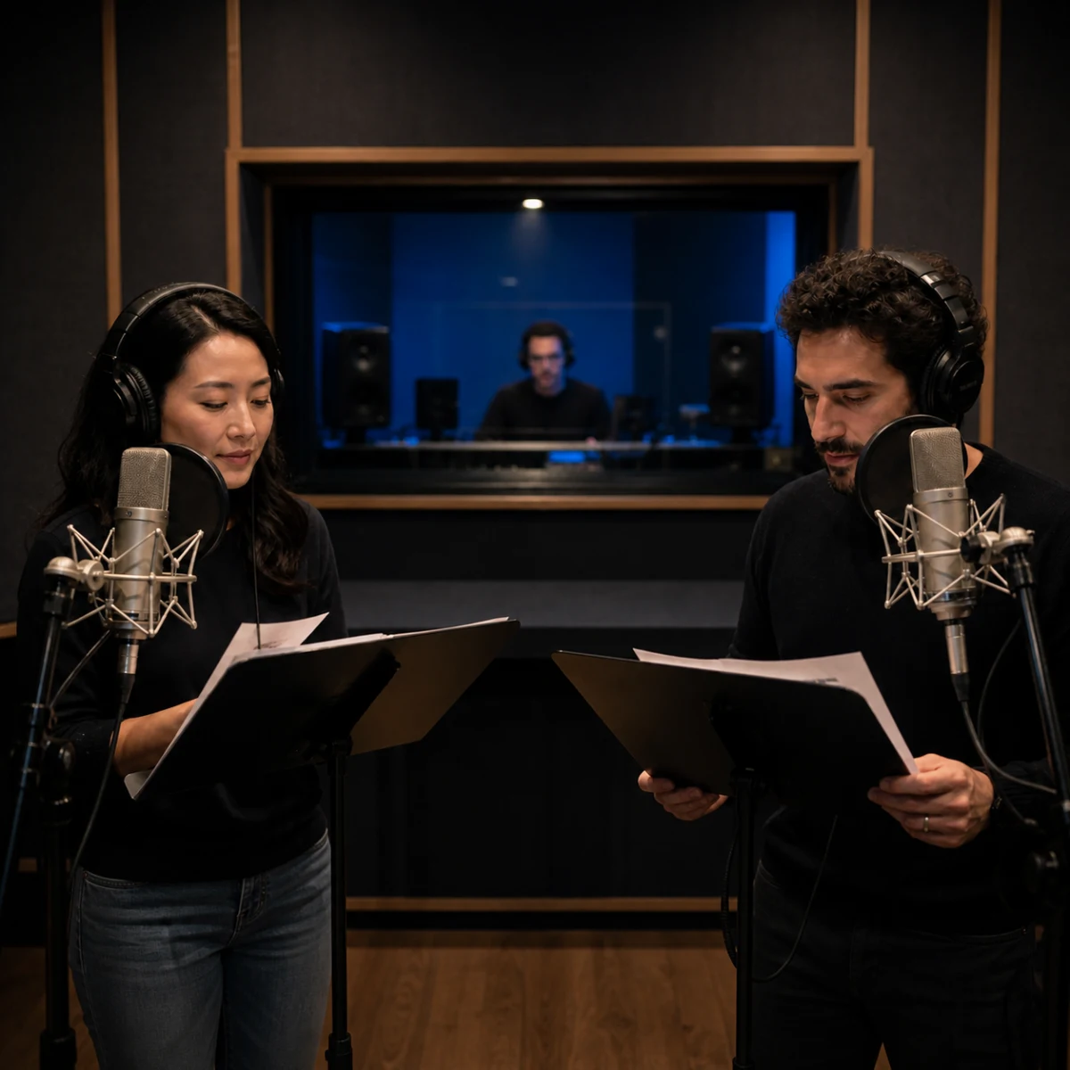 Two voice actors recording multilingual dialogue in a dubbing studio